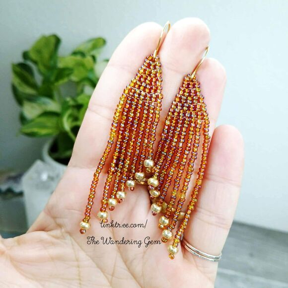 Brown & Gold Beaded Fringe Cascade Shoulder Duster Dangle Earrings, 3.5" - Picture 5 of 7